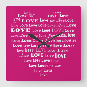 Love Heart Word Cloud - White on Fuchsia Pink Square Wall Clock