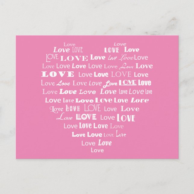 Love Heart Word Cloud - White on Pastel Pink Postcard (Front)