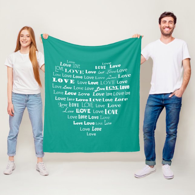Love Heart Word Cloud - White on Turquoise Fleece Blanket (In Situ)