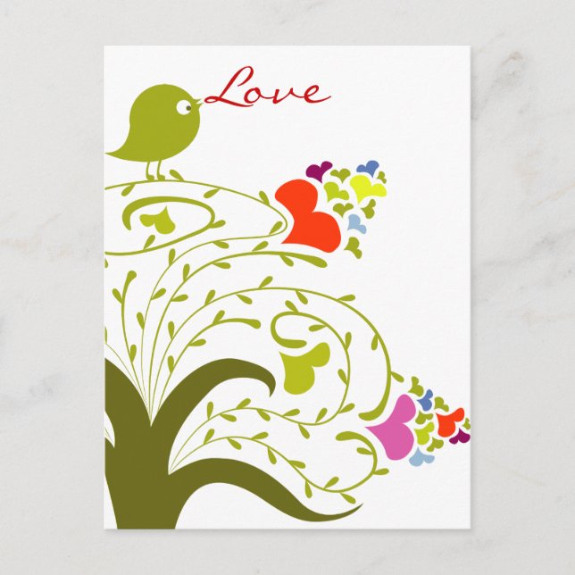 Love Hearts And Birdie On A Cute Tree Postcard (Front)