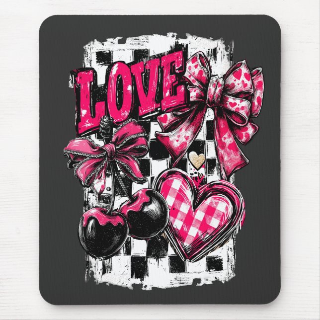 Love Hearts and Cherries Valentine Bow Mouse Pad (Front)