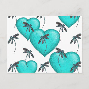 Love Hearts and Dragonflies Turquoise Postcard
