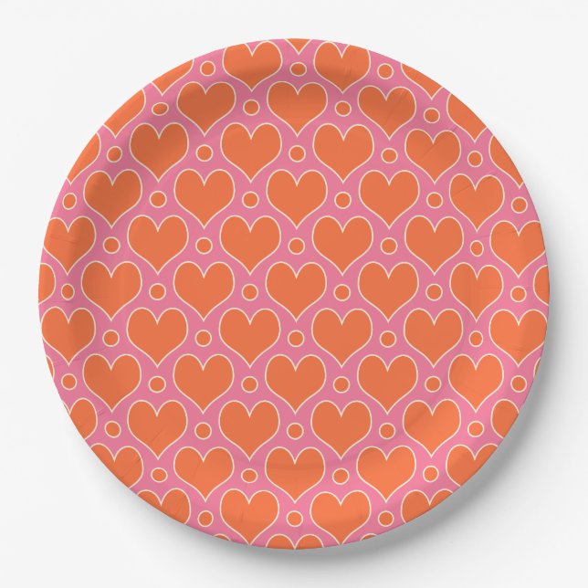 Love Hearts and Polka Dots pattern in Pink, Orange Paper Plate (Front)