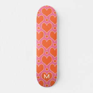 Love Hearts and Polka Dots pattern in Pink, Orange Skateboard