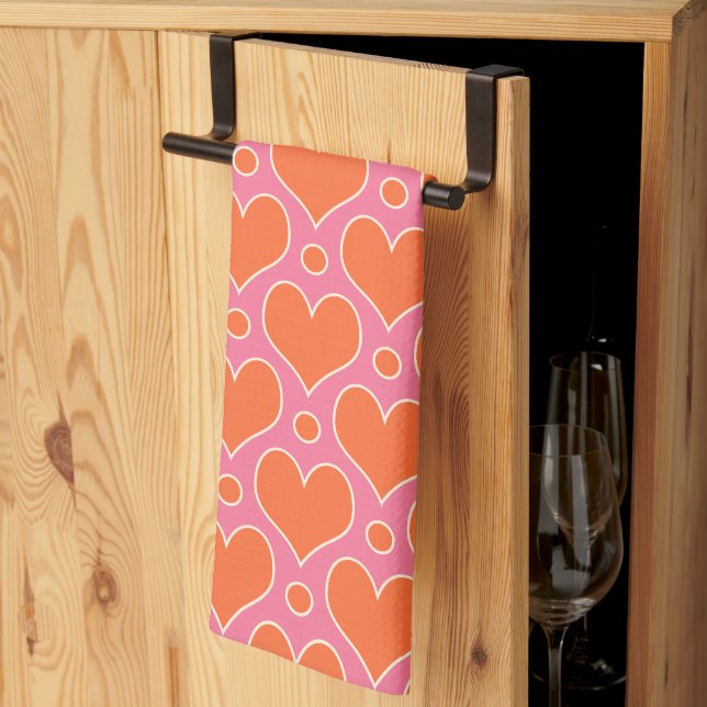 Love Hearts and Polka Dots pattern in Pink, Orange Tea Towel (Thirds Fold)