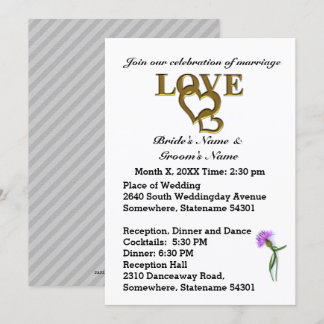Love Hearts and Purple Thistle Wedding Invitation