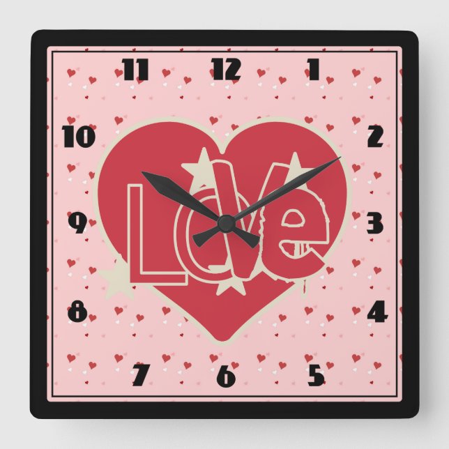 Love Hearts and Stars Square Wall Clock (Front)