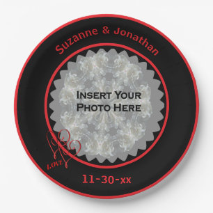 Love Hearts Black Personalised Wedding Photo Paper Plate