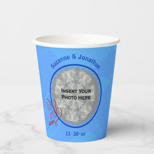 Love Hearts Blue Personalised Wedding Photo Paper Cups