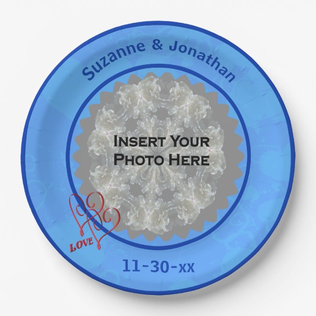 Love Hearts Blue Personalised Wedding Photo  Paper Plate (Front)