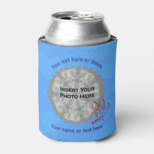 Love Hearts Blue Personalized Photo  Can Cooler