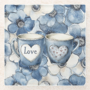 Love Hearts Cups Blue Jean Denim Floral Glass Coaster