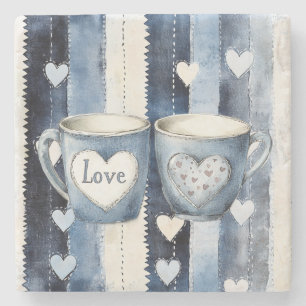 Love Hearts Cups Blue Jean Denim Stone Coaster