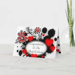 Love Hearts Flower Splats Red Black White Wedding Card