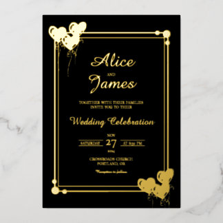 Love Hearts Frame Elegant Black Gold Foil Wedding