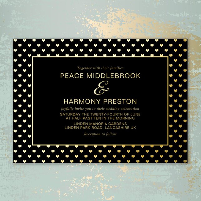 Love Hearts Gold Black Wedding Foil Invitation (Creator Uploaded)