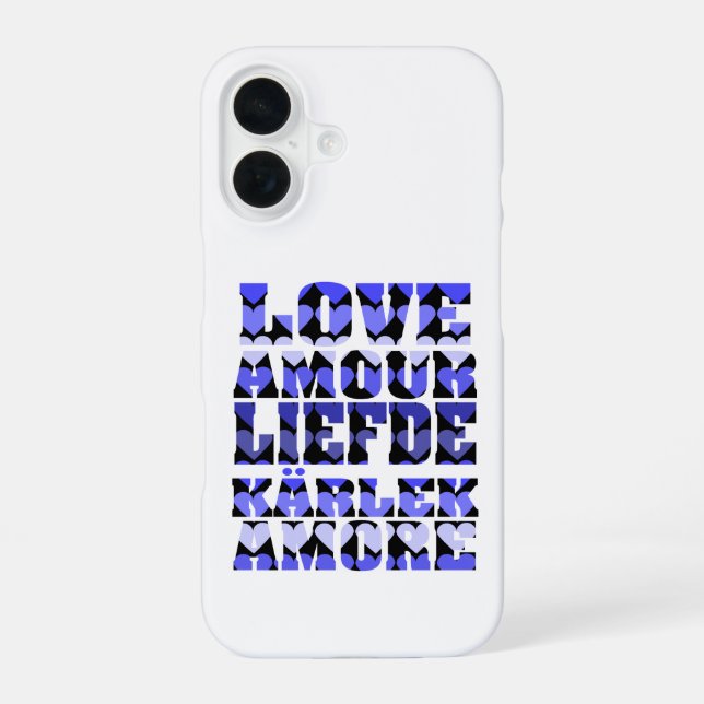 Love Hearts Pattern Blue iPhone 16 Case (Back)