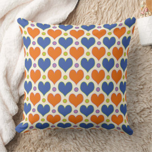 Love Hearts & Polka Dots pattern in Blue & Orange Cushion