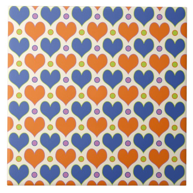 Love Hearts & Polka Dots pattern in Blue & Orange Tile (Front)