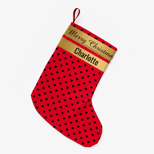 LOVE HEARTS Red Christmas Stocking GOLD (Front (Hanging))