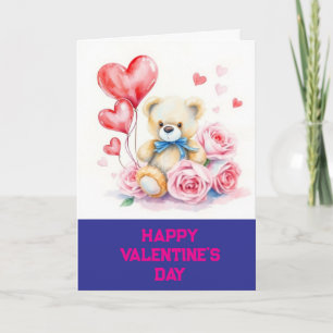 Love Hearts Teddy Bear and Roses Valentines Day Card