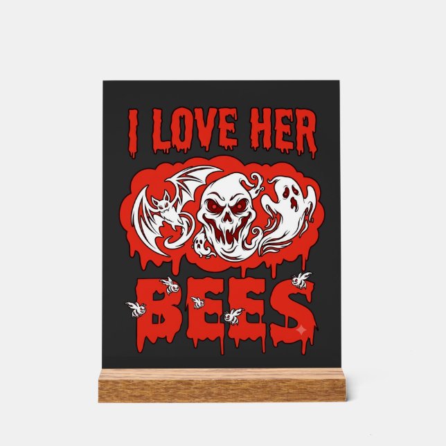 Love Her Bees Skull Ghost Bat Blood Drip Acrylic Sign (Front)