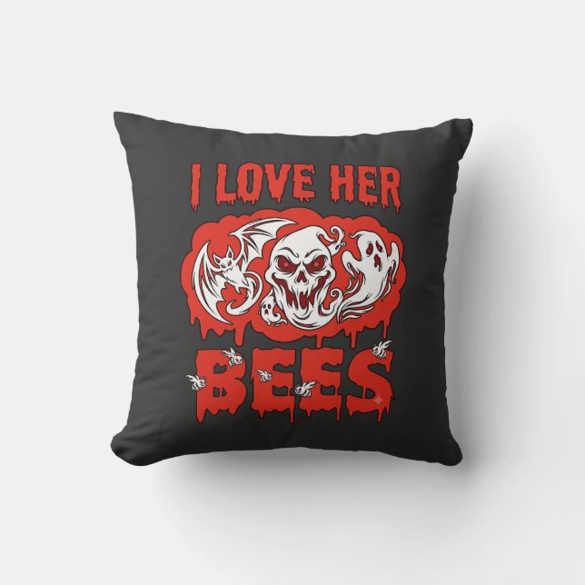 Love Her Bees Skull Ghost Bat Blood Drip Cushion (Front)