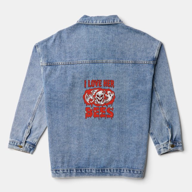 Love Her Bees Skull Ghost Bat Blood Drip Denim Jacket (Back)