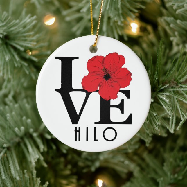 LOVE Hilo Hawaii Red Hibiscus Ceramic Tree Decoration (Tree)
