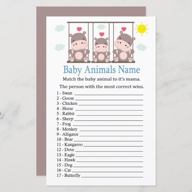 Love hippo Baby Animals Name Game (Front/Back)