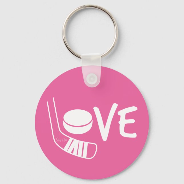 Love Hockey Ladies Girls Hockey Stick Puck Pink Key Ring (Front)