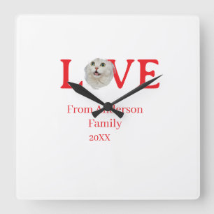 Love holidays cat photo pet family name bold lette square wall clock