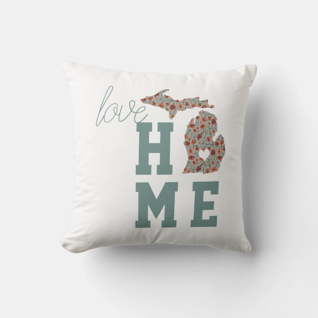 Love Home State Of Michigan With Poppies Floral Cushion (Front)