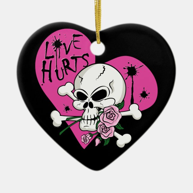 Love Hurts Skull Ceramic Tree Decoration (Front)