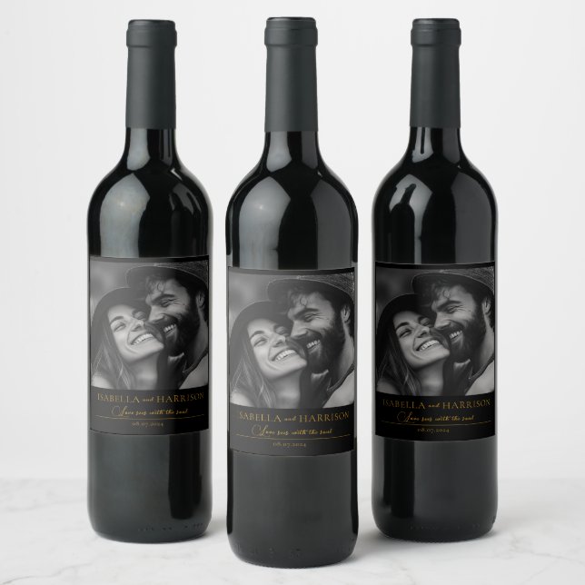 Love I Quote Couple Custom Photo Black and Gold Wine Label (Bottles)