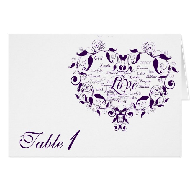 Love in Any Language in Purple Table Number card (Front Horizontal)