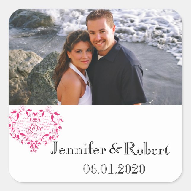 Love in Any Language Pink Wedding Favour Sticker (Front)