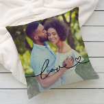 Love in Black Script with Heart Custom Photo Cushion<br><div class="desc">Modern and stylish custom throw pillow design features a favourite photo with a minimal black "Love" typography overlay design that includes flourish and heart details. The black coloured text can be customised. A unique gift idea for a newlywed couple or for your loved one on Valentine's Day!</div>
