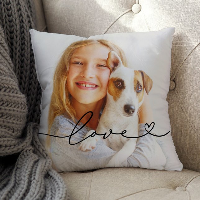 Love in Black Script with Heart Custom Photo Cushion (Creator Uploaded)