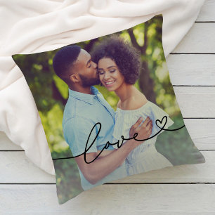 Love in Black Script with Heart Custom Photo Cushion