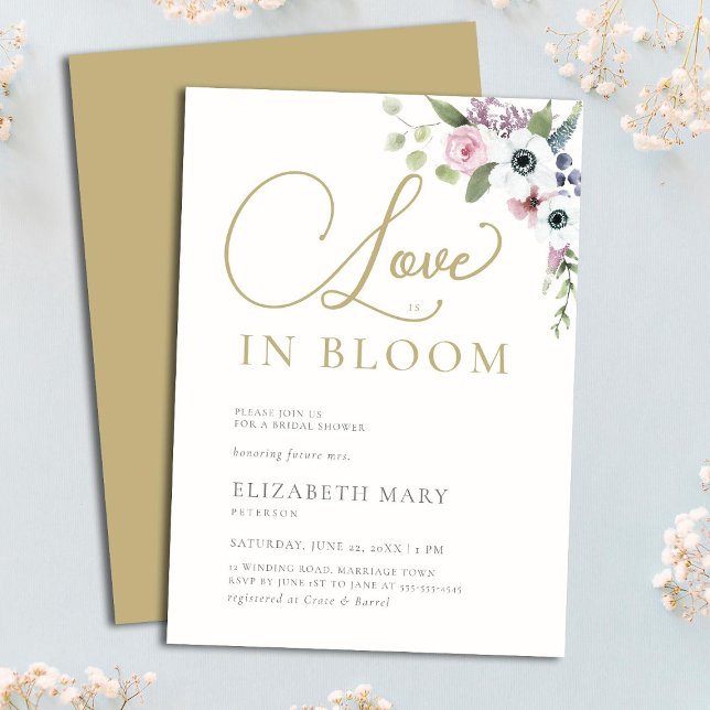 Love in Bloom Anemones Floral Gold Bridal Shower Invitation (Creator Uploaded)