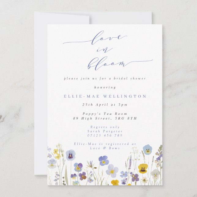 Love in Bloom Blue & Yellow Pansies Bridal Shower Invitation (Front)