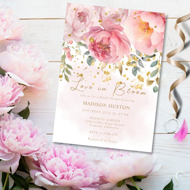 Love in Bloom Blush Pink Gold Floral Bridal Shower Invitation (Creator Uploaded)