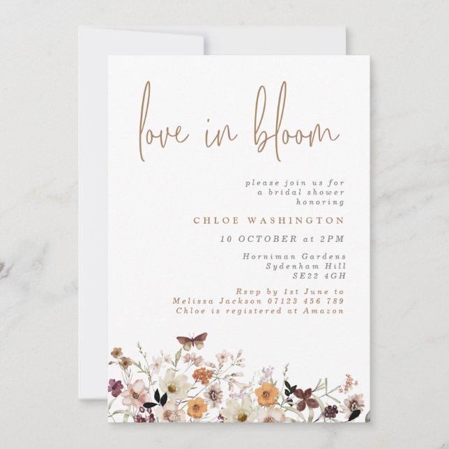 Love in Bloom Boho Fall Wild Flowers Bridal Shower Invitation (Front)