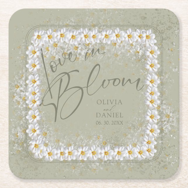 Love in Bloom Boho White Floral Square Paper Coaster (Front)