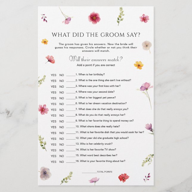 Love in Bloom Bridal Shower What Did He Say Game (Front)