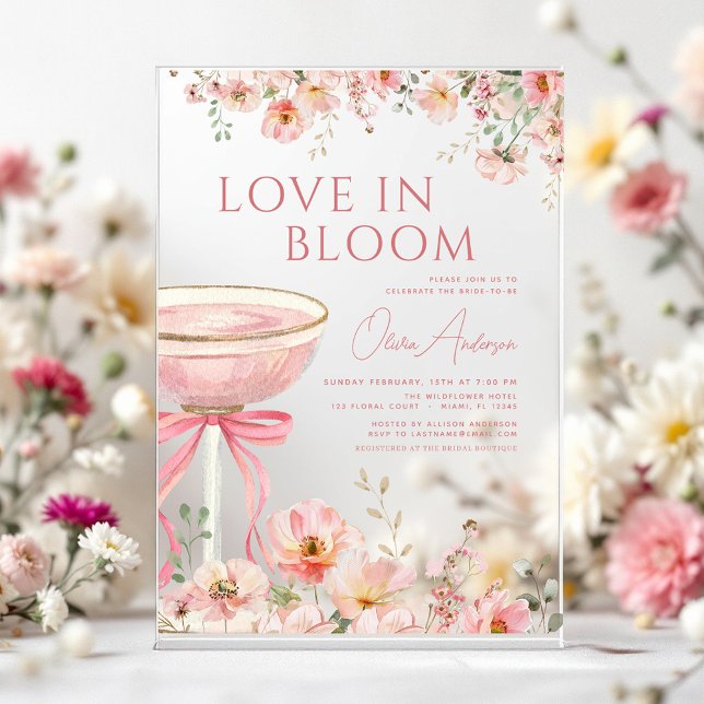 Love in Bloom Champagne Pink Bow Bridal Shower Acrylic Invitations (Creator Uploaded)