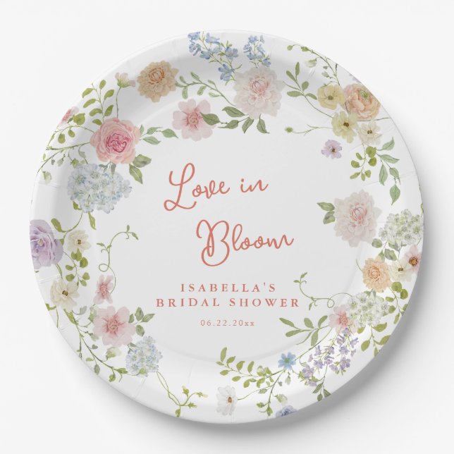 Love in Bloom Floral Garden Bridal Shower Paper Plate (Front)