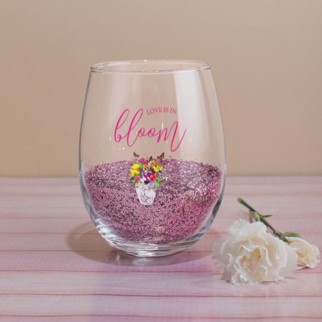 Love In Bloom Floral Wedding Stemless Wine Glass (Creator Uploaded)