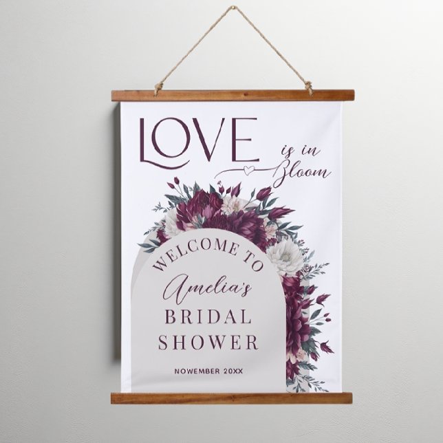 Love in Bloom Flowers Burgundy Cream Bridal Shower Hanging Tapestry (Creator Uploaded)